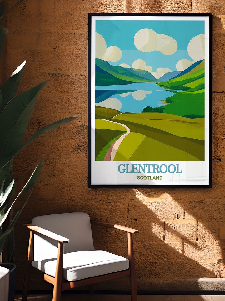 Celebrate the thrill of mountain biking at Glentrool with this Loch Trool poster capturing the beauty of the 7stanes bike park and the famous Giant Axe Head perfect for outdoor enthusiasts and cyclists looking to enhance their home decor.