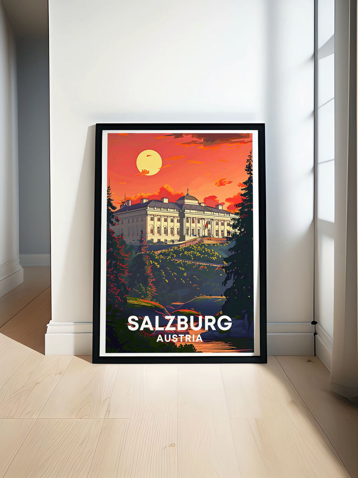 Mirabel Palace with Zauchensee skiing in Austria. Perfect vintage travel print for home decor. Enhance your space with a beautiful Salzburg poster featuring the historic Mirabel Palace and thrilling ski slopes. Ideal for art lovers and travel enthusiasts.