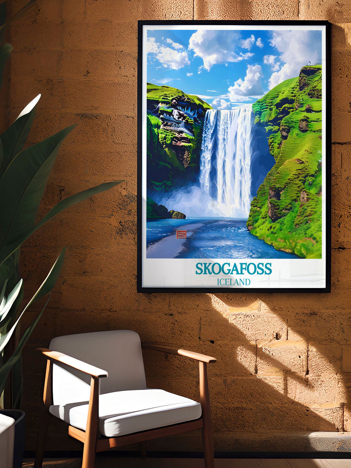 Immerse yourself in the breathtaking vistas of Skogafoss with this travel poster, featuring the dramatic cascade and the lush scenery of the Icelandic landscape.