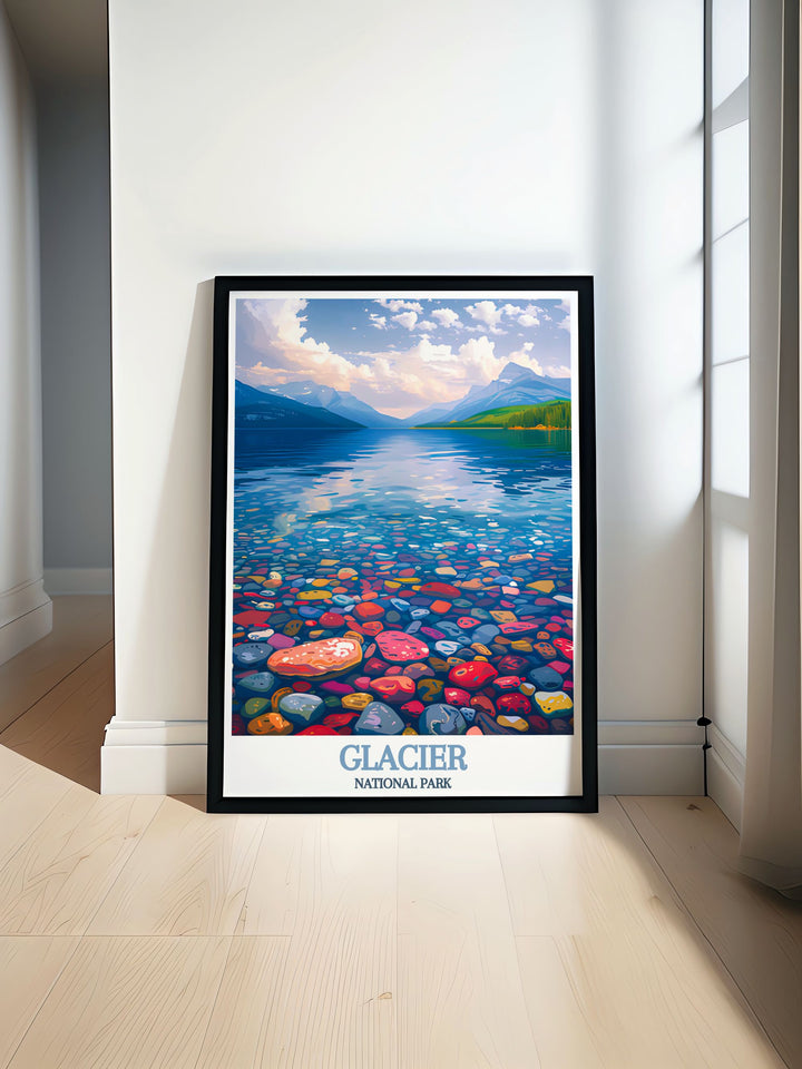 Custom print of Lake McDonald, showcasing the tranquil beauty and majestic scenery of Glacier National Park, perfect for nature enthusiasts and those who love Americas national parks.