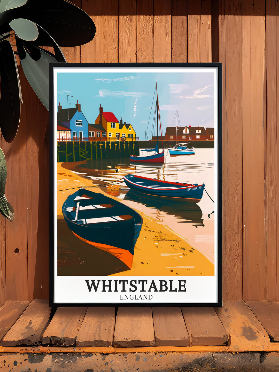 Whitstable Harbour travel art showcasing the colourful boats and lively docks of this beloved coastal spot. Ideal for enhancing beach inspired interiors, this artwork brings the vibrant ambiance of Whitstable Harbour into your home.