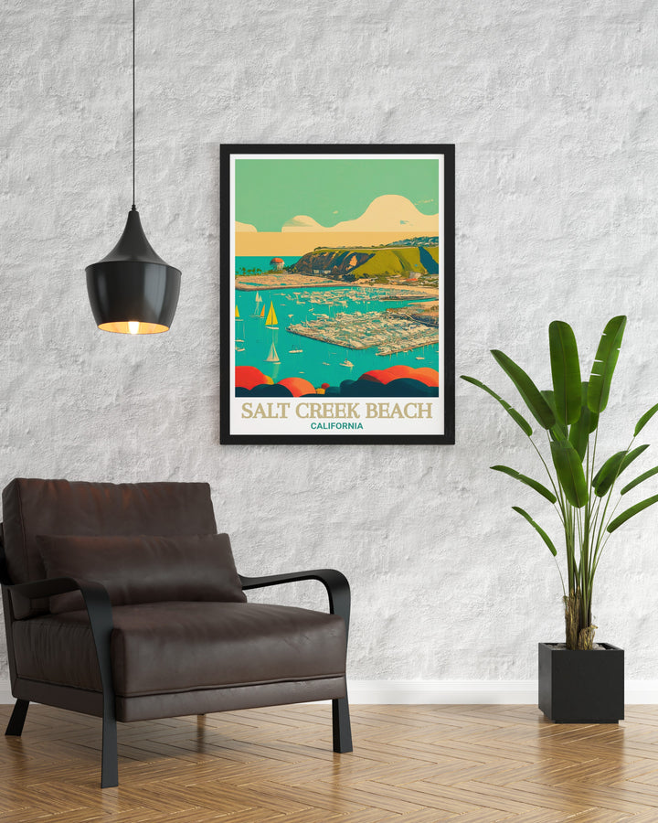 The natural beauty of Salt Creek Beach and Dana Point Harbor is brought to life in this California Print. The detailed artwork highlights the tranquil waves and golden sands, perfect for those who appreciate coastal decor and the iconic landscapes of California.