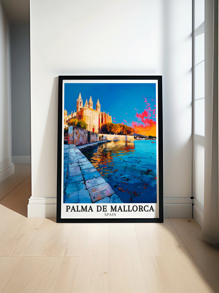 Striking Palma de Mallorca poster illustrating the grandeur of La Seu Cathedral and the lively ambiance of Plaza de la Seu. The print celebrates the rich cultural heritage and vibrant life of Palma, making it an excellent piece for any travel art collection