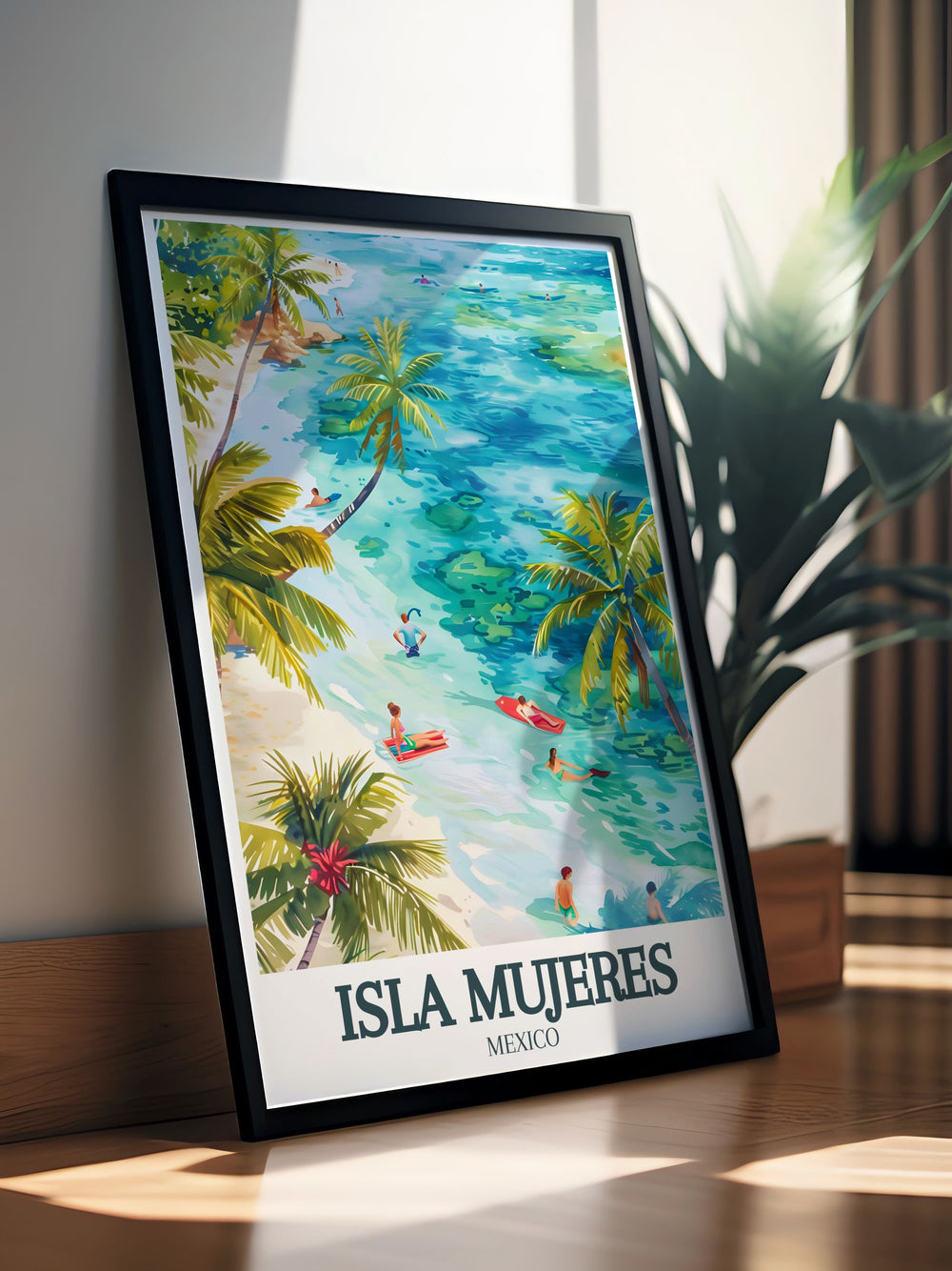 Stunning Isla Mujeres art print depicting the iconic Isla Mujeres beach Caribbean sea perfect for adding sophistication and urban charm to your home decor collection.