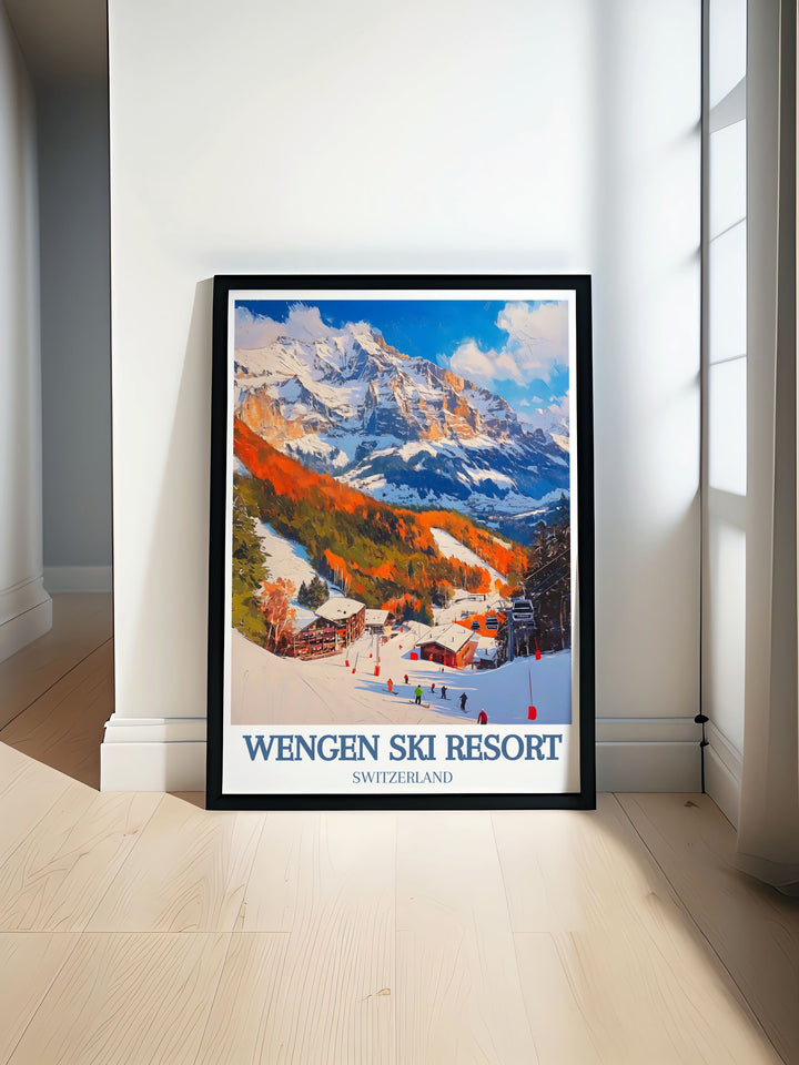 Stunning fine art print showcasing the picturesque Wengen Ski Resort in Switzerland. This piece features the resorts charming chalets and pristine snow covered landscapes, perfect for adding a touch of alpine beauty to your home decor.