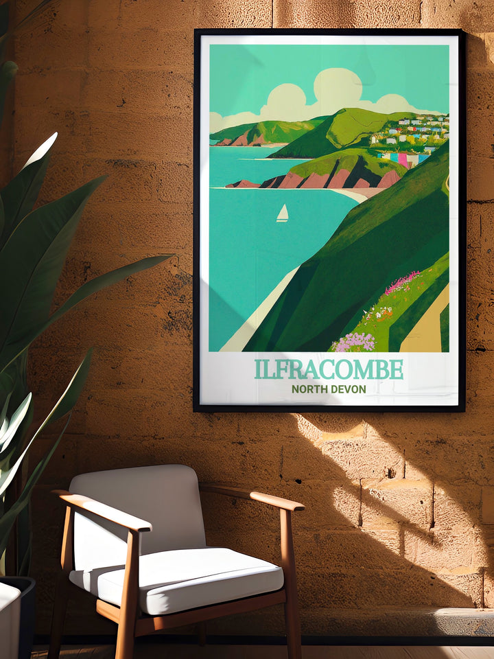 An illustration of Ilfracombe Harbour in North Devon, showcasing the picturesque boats and historic Victorian architecture. This seaside wall art is ideal for adding coastal charm to your home.