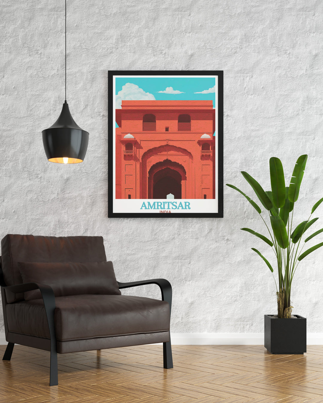 This Amritsar poster print beautifully captures the historic cityscape of Amritsar, showcasing famous landmarks like Gobindgarh Fort. The India travel poster brings the charm of this cultural city into your home, perfect for personalized gifts or unique wall art decor.