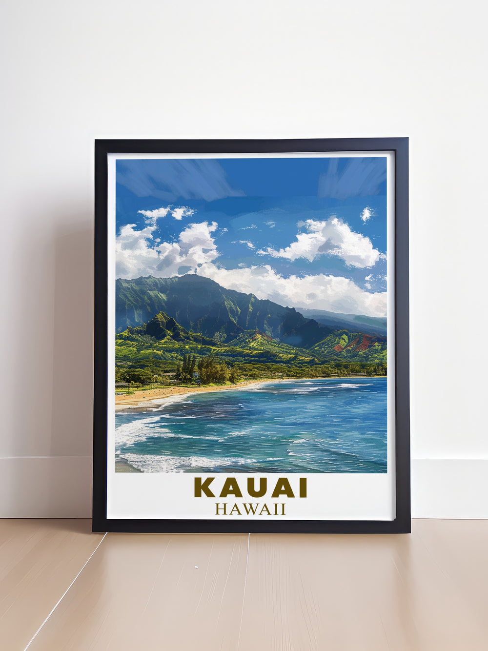 This Kauai poster print showcases the serene beauty of Hanalei Bay, capturing the peaceful essence of Hawaiis stunning landscapes. Ideal for adding a tropical touch to your home decor, this travel print is perfect for coastal or island inspired interiors.