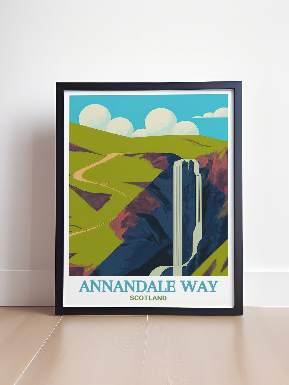 Beautiful Annandale Way Travel Print showcasing the breathtaking scenery of Scotlands Moffat Hills and Grey Mares Tail ideal for home decor and a great gift for outdoor lovers this print captures the spirit of Scotlands natural wonders