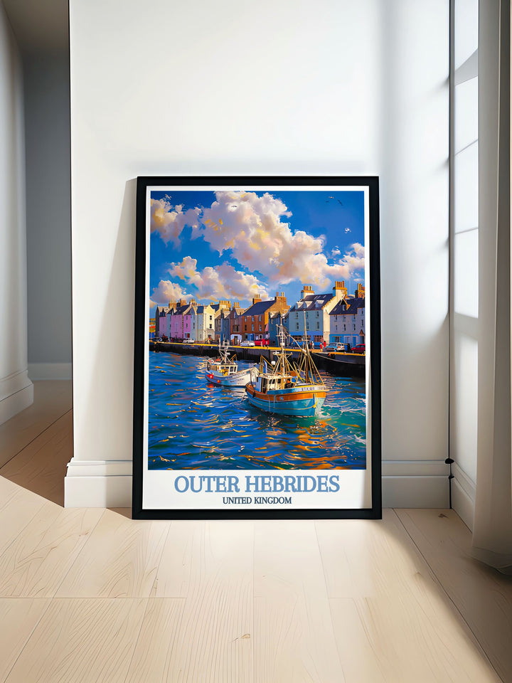 Isle of Harris print showcasing the serene beauty of the Scottish island with a focus on Stornoway Harbour perfect for elegant home decor and vintage travel enthusiasts