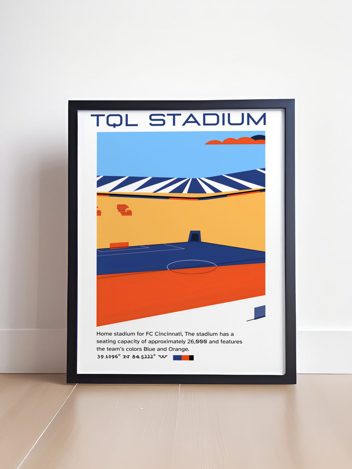 This captivating TQL Stadium poster brings the excitement of FC Cincinnati matches into your home highlighting the stadiums unique design and the thrilling performances of MLS players.