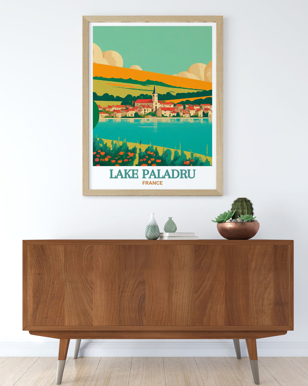 This travel poster features Lake Paladru and Saint Pierre de Paladru, blending the serene waters of the lake with the quaint charm of the village. The artwork offers a glimpse into the peaceful life of the French countryside, ideal for enhancing your home decor.