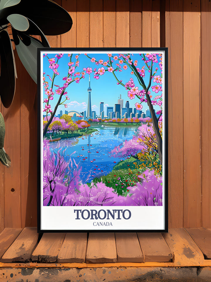 This Toronto travel poster beautifully captures the contrast between the citys iconic CN Tower and the natural beauty of High Park. Perfect for those who love urban landscapes and serene parks, this framed print brings the essence of Toronto into your home décor.