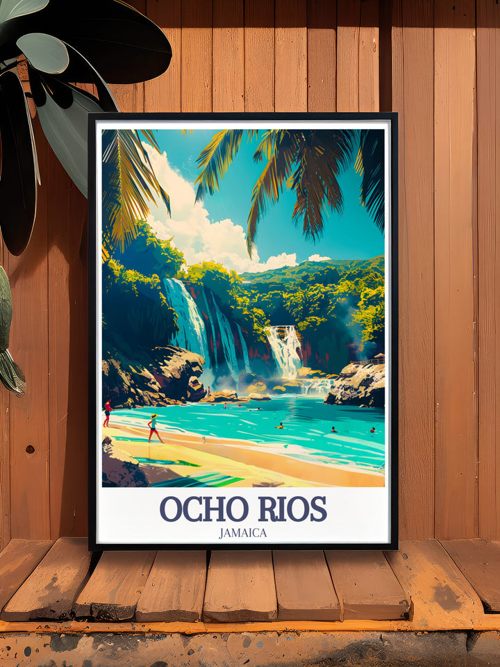 Capture the essence of Ocho Rios with this framed art piece, highlighting the serene beaches and the natural beauty of Dunns River Falls. The vibrant depiction of these Jamaican treasures makes this vintage poster a timeless addition to your home decor.