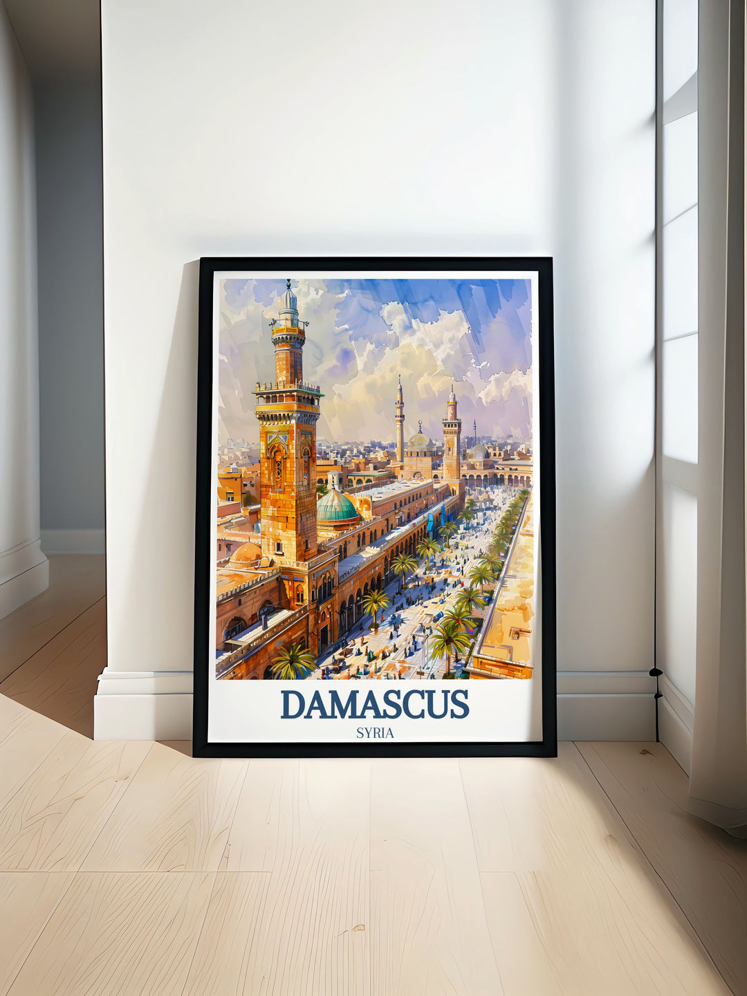 A stunning Damascus poster featuring the Umayyad Mosque and Straight Street, capturing the historical and cultural significance of Syrias capital. Perfect for those who love Middle Eastern history and art, this travel print makes a timeless addition to any space.