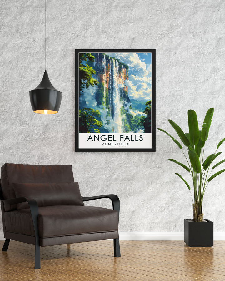 This framed Angel Falls print is a breathtaking representation of Venezuelas towering waterfall, ideal for decorating your home or gifting to someone who cherishes nature. The detailed depiction of Angel Falls makes it a timeless piece.