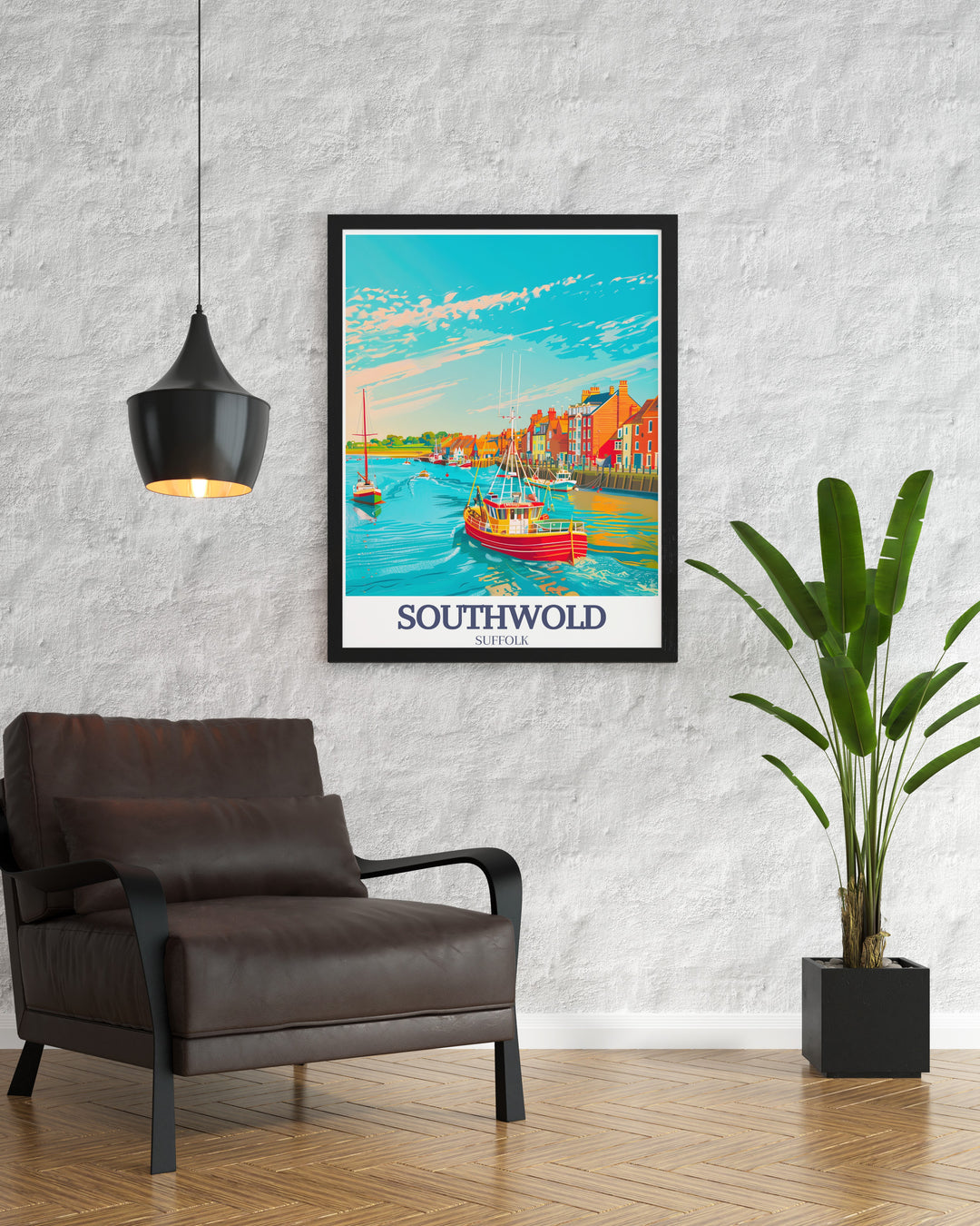 Stunning Seaside Poster featuring Southwold Beach Huts against the backdrop of the North Sea Southwold Harbor. Perfect for retro and vintage decor enthusiasts. This print brings the tranquility of Southwold into your home.