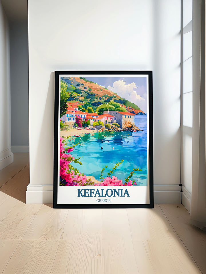 A captivating wall art piece of Kefalonia, highlighting the peaceful Assos Village and its surrounding coastal scenery. This print celebrates the vibrant Ionian Islands and the charm of traditional Greek island life, ideal for any room.