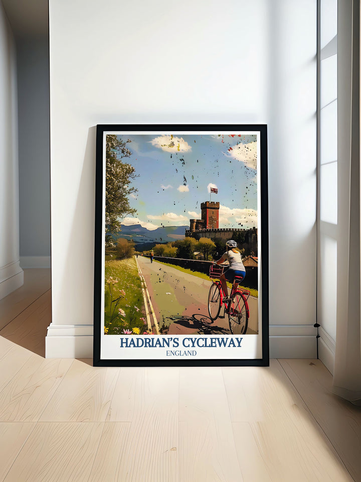 Featuring the lush landscapes of Hadrians Cycleway, this travel poster captures the essence of its tranquil beauty and historical significance, perfect for creating a serene atmosphere in any room.