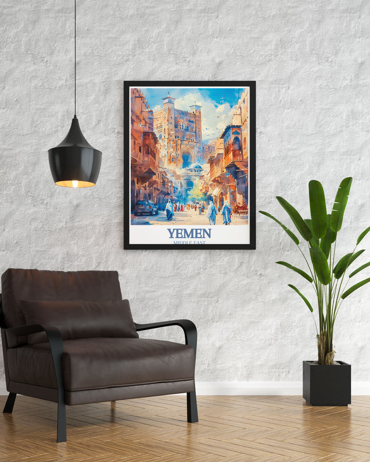 Personalized Yemen Print highlighting Sanaas iconic Al Jami al Kabir mosque and Bab Al Yaman makes an exquisite gift for any occasion including anniversaries and birthdays