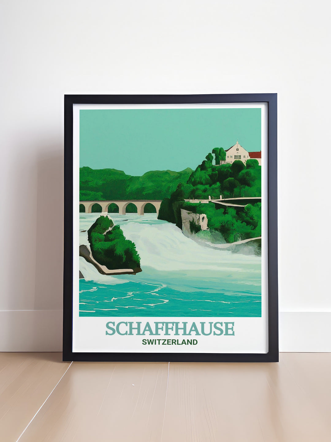 Rhine Falls art print showcasing Schaffhausen. Highlighting the towns historic architecture and the natural beauty of the falls. Ideal for decorating living rooms, offices, or studies with a touch of Swiss elegance and natures wonder.