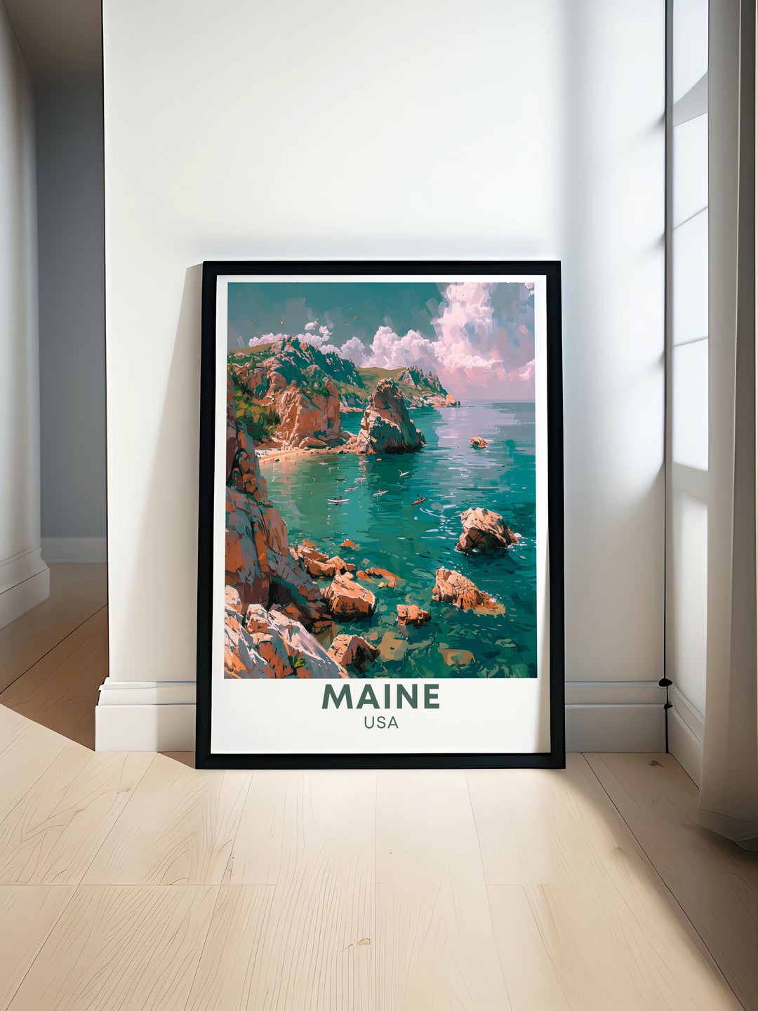 Embrace the breathtaking landscapes of Acadia National Park, Maine, beautifully showcased in this travel poster. Ideal for nature enthusiasts and those who cherish outdoor beauty, this poster captures the parks rugged coastlines, verdant forests, and majestic mountains.
