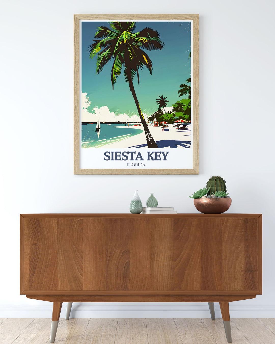 Beautiful Siesta Key modern print featuring Crescent Beach with its stunning white sands and clear blue waters perfect for creating an inviting and stylish atmosphere in any living space.