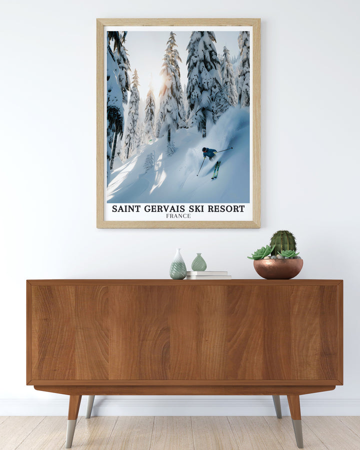 A travel print of Saint Gervais, capturing the vibrant atmosphere of the ski resort with Mont Blanc in the background. Ideal for ski lovers, this artwork brings the thrill and beauty of the French Alps into your home.