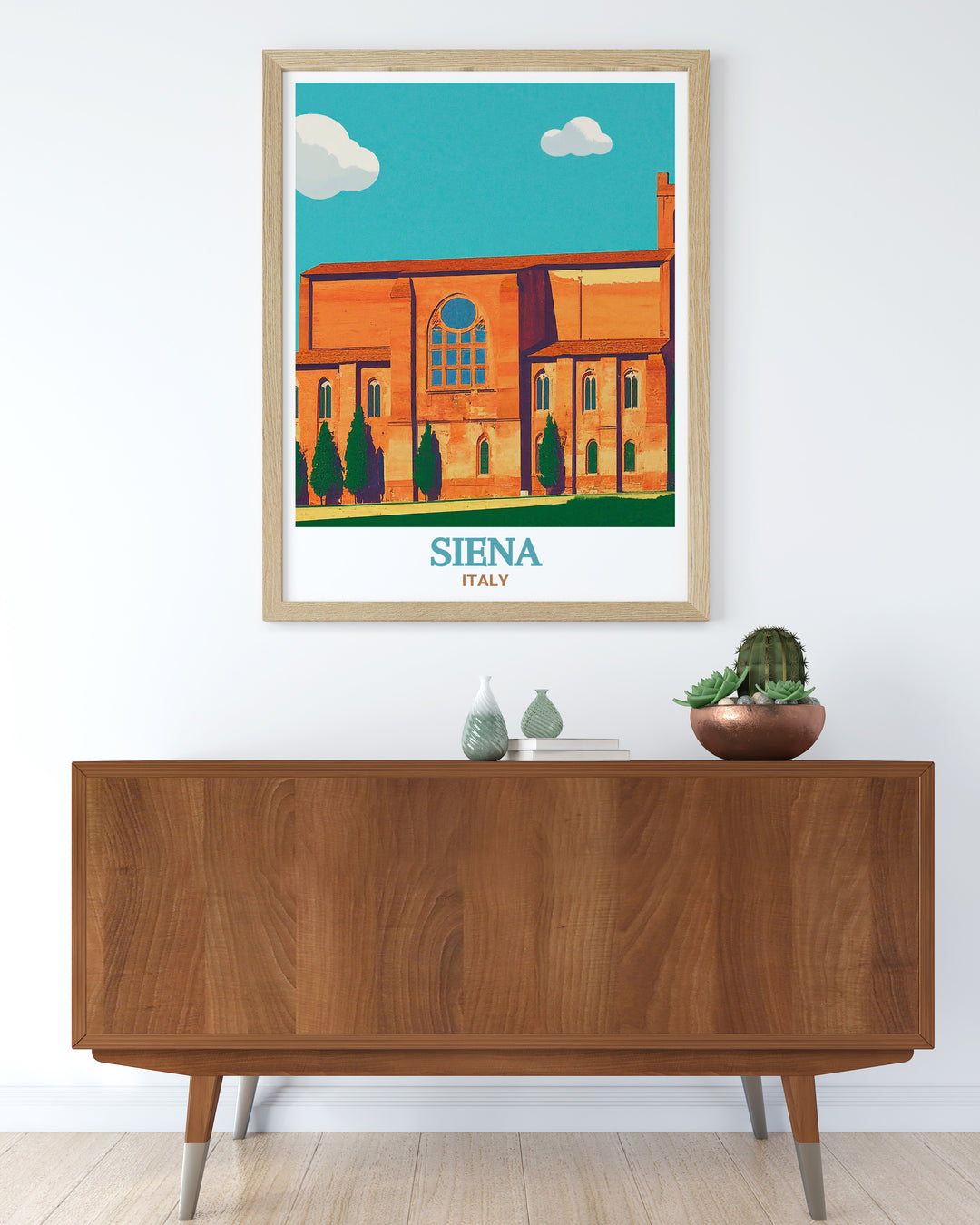 The Basilica of San Domenico is beautifully highlighted in this Siena Art Print. Featuring fine line detailing of Sienas streets and architecture this black and white matted art print is an ideal choice for modern decor or special gifts for any occasion.