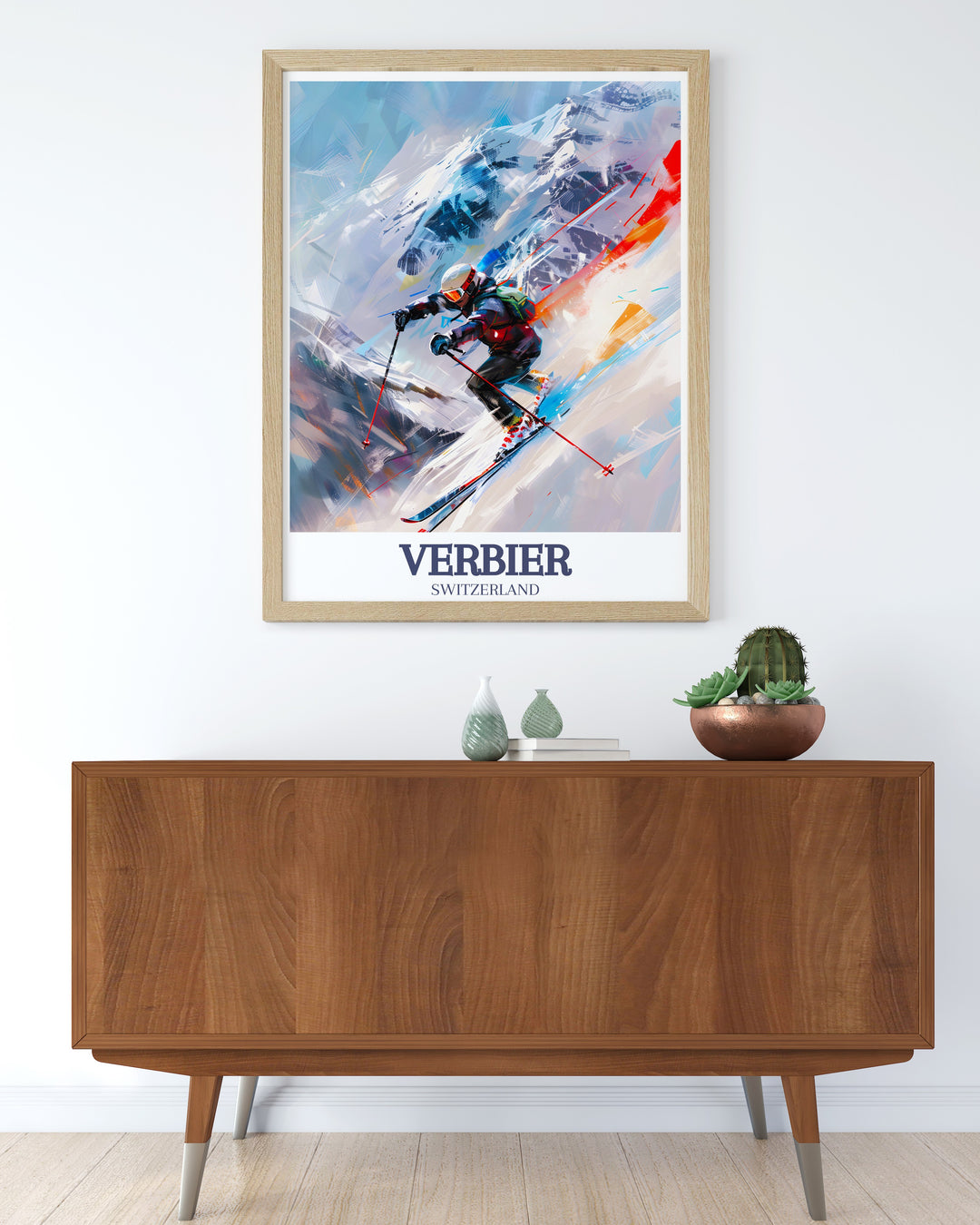 Celebrate the beauty of Verbier with this travel print showcasing the renowned ski slopes of the Four Valleys. This detailed canvas art brings the stunning views of Verbier mountains into your living space, making it a perfect gift for skiers and mountain lovers.