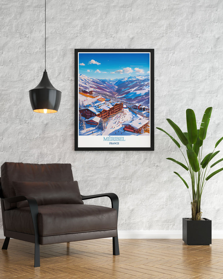 This travel poster of Méribel captures the excitement of snowboarding and the stunning alpine scenery, perfect for bringing the thrill of the French Alps into your home decor.