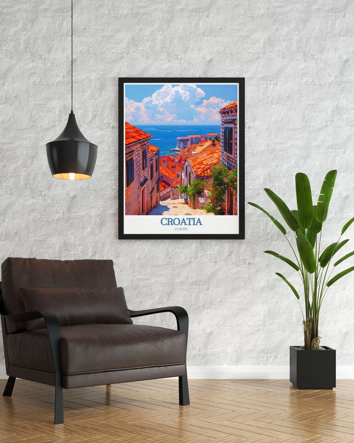This poster showcases the picturesque streets of Split and the clear waters of the Adriatic Sea, adding a unique touch of Croatias cultural and natural beauty to your living space.