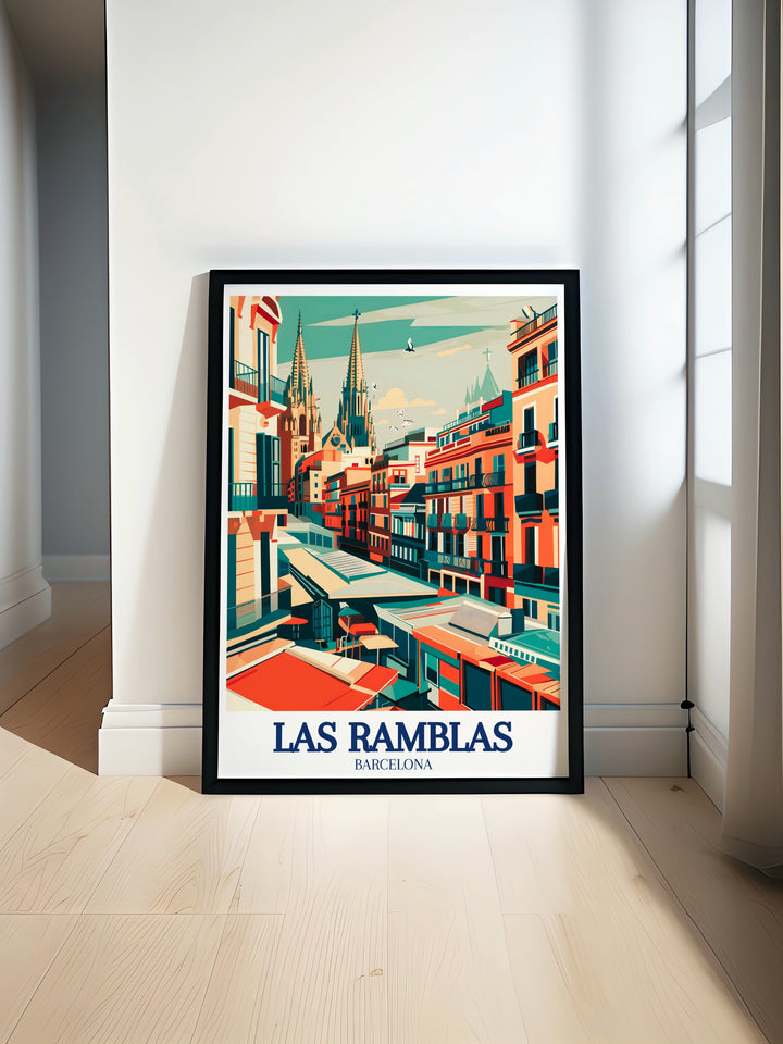 A captivating Spain travel poster featuring Las Ramblas, showing its lively streets filled with performers, markets, and tourists. This print adds a vibrant, cultural touch to any home and is a wonderful gift for anyone with a love for Barcelonas bustling atmosphere and iconic streets.