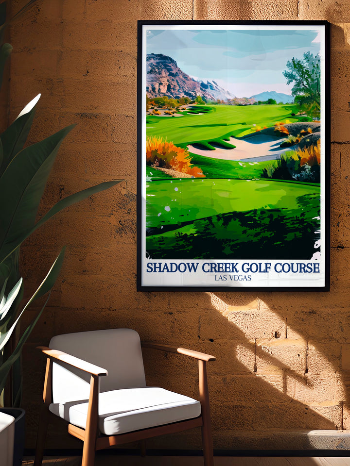 Experience the stunning scenery of Shadow Creek Golf Course with this vintage poster. The artwork captures the rich greens of the course against the dramatic backdrop of the Nevada desert and Black Mountain, offering a nostalgic and timeless view of one of golf’s most iconic locations.