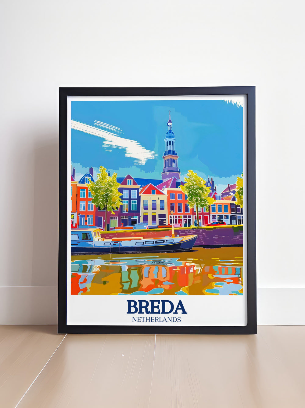 Netherlands wall art featuring the Breda canal and Great Church creates a sophisticated ambiance in any living space. The detailed depiction of this iconic Dutch location adds cultural richness and elegance to your home perfect for travelers and art lovers.