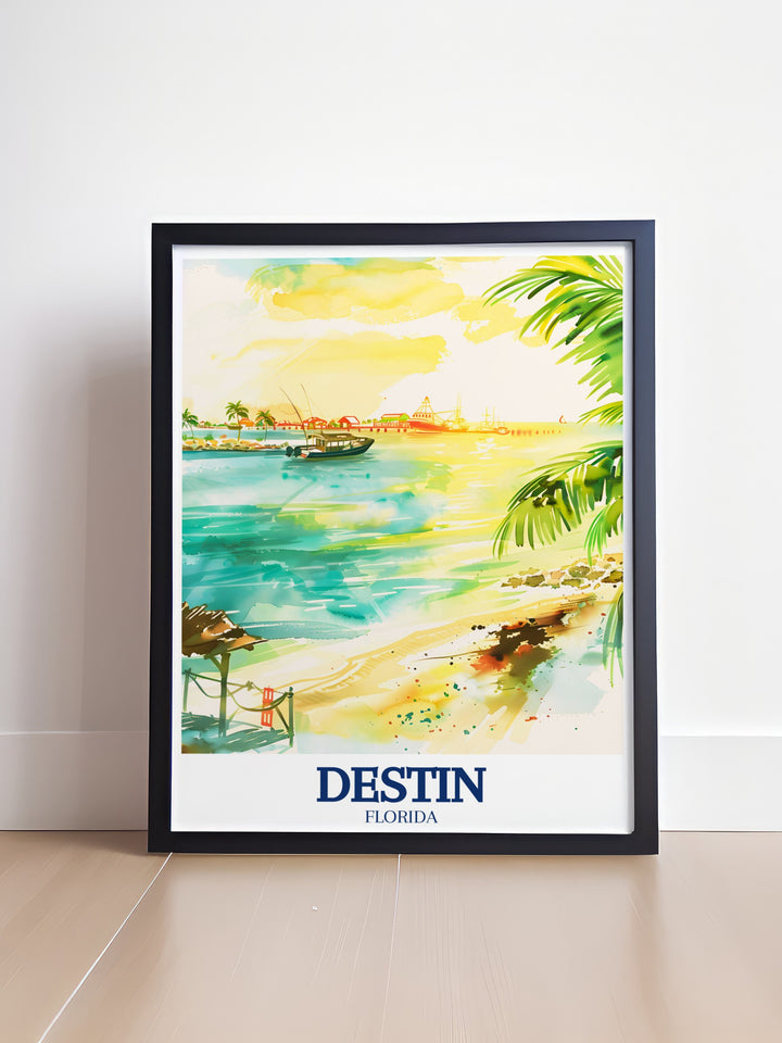 Destin Poster Print showcases the stunning beauty of Floridas Gulf Coast, featuring iconic landmarks like Crab Island and Destin Harbor. This travel print is perfect for beach lovers and adventurers, bringing the coastal charm of Destin into your home décor.