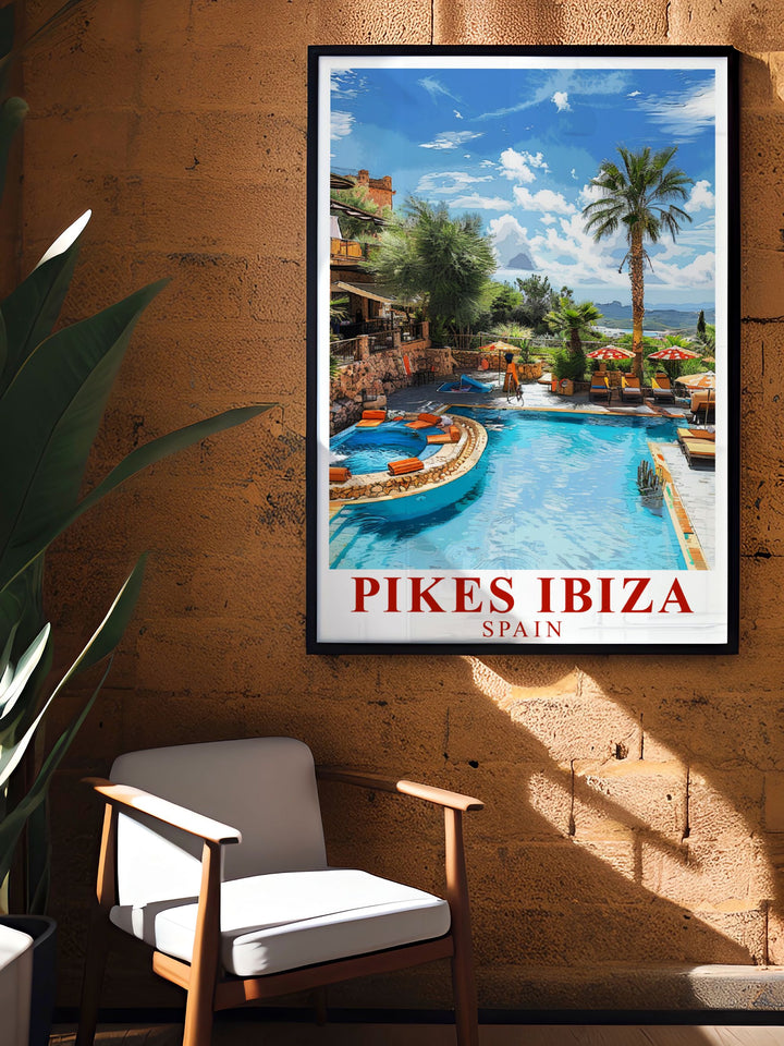 Bring the spirit of Ibiza into your Pool Area with our Pikes Ibiza Poster this elegant home decor piece captures the lively atmosphere of Pikes Hotel and is a must have for Ibiza enthusiasts