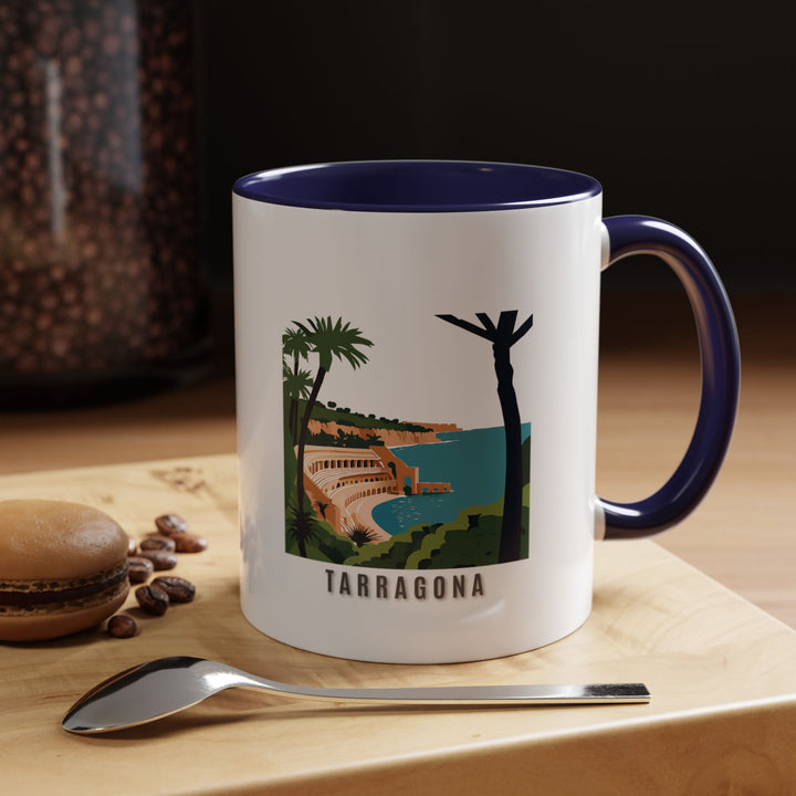 Enjoy your favorite beverage with this Tarragona Spain mug featuring artistic depictions of citys architecture. Perfect for coffee and tea lovers, it is dishwasher and microwave safe. A durable, meaningful gift or keepsake for travelers and art enthusiasts.