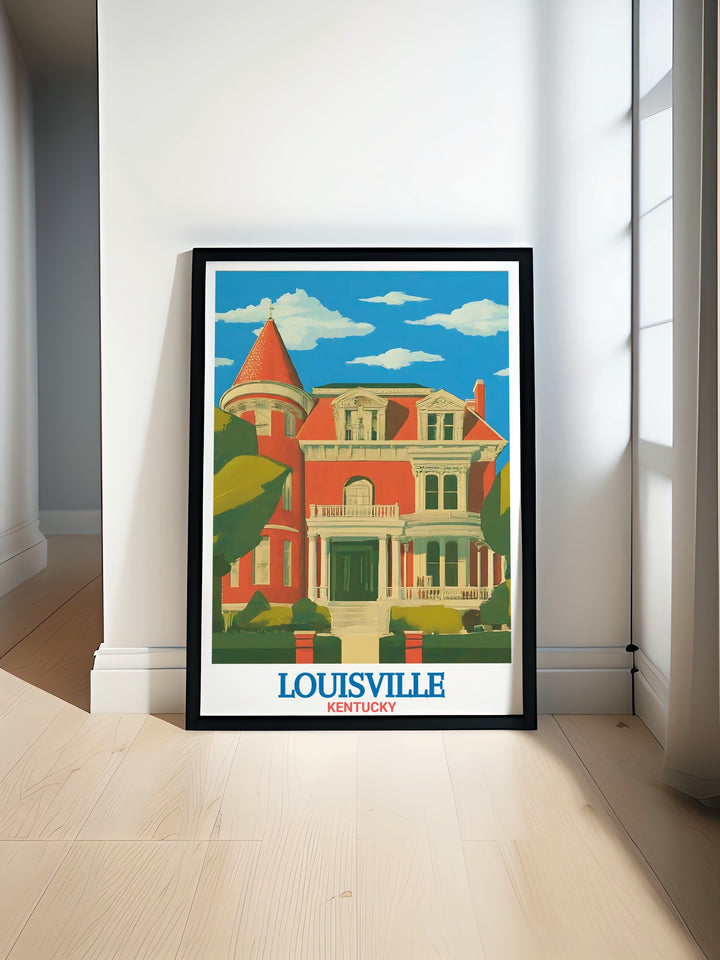 A vintage style travel print of Old Louisville, highlighting the neighborhoods stunning architecture and connection to Kentuckys rich history. This print offers a timeless view of the citys past, making it an ideal piece for any home decor or gift collection.