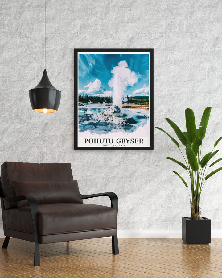 Rotoruas geothermal landscape is captured in this stunning art print of Pohutu Geyser and Wairakei Geothermal Area. This New Zealand travel poster is perfect for anyone who loves nature, adventure, and the beauty of the natural world.