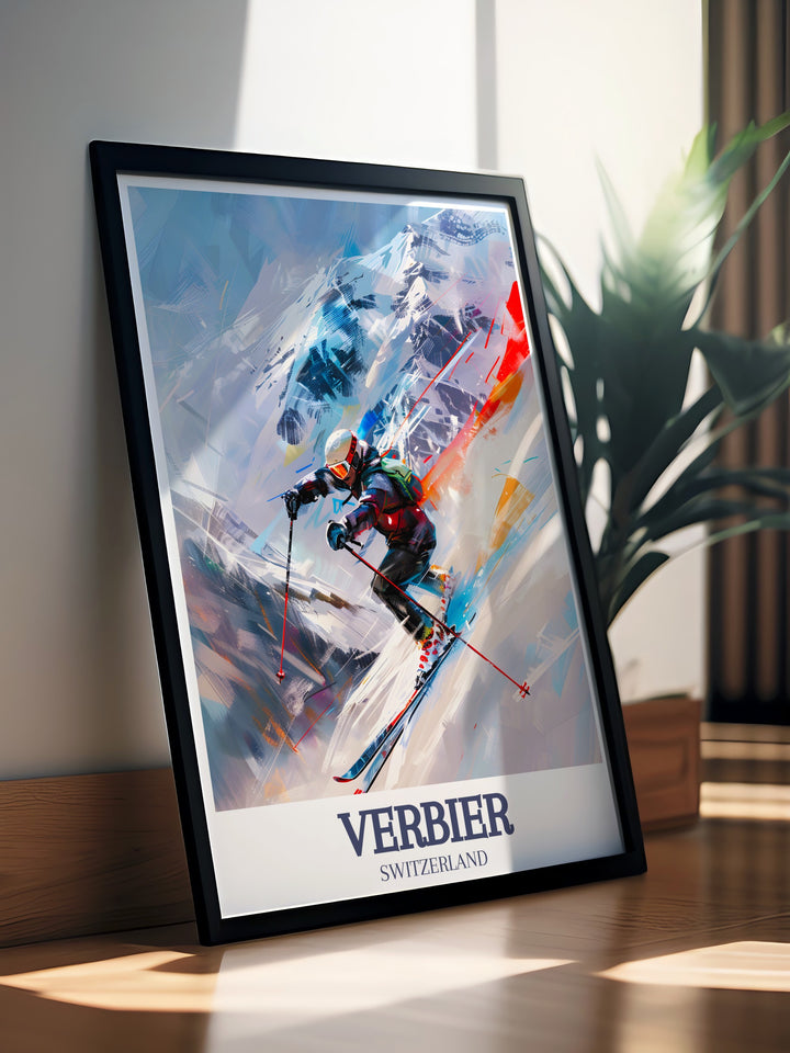 Bring the beauty of the Swiss Alps into your home with this Verbier wall print. Featuring the snowy peaks of the Verbier mountains and the vast Four Valleys, this travel poster is an ideal décor piece for skiers, travelers, and alpine enthusiasts alike.