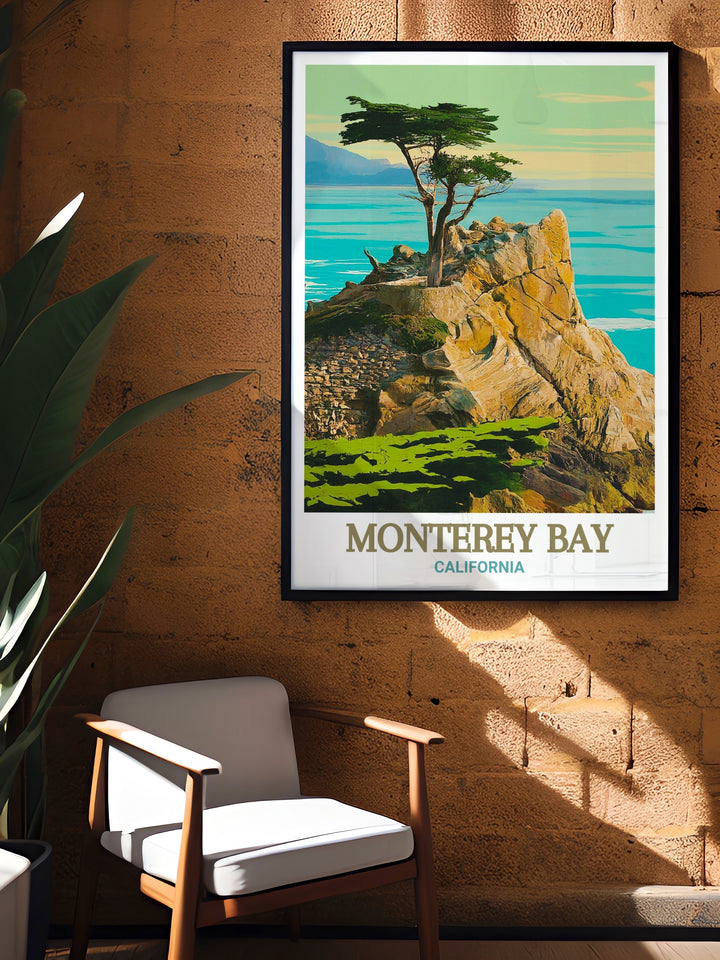 Monterey Bay art print capturing the stunning views of the 17 Mile Drive in California. Perfect for nature lovers and art enthusiasts. This vibrant and detailed artwork brings the beauty of Monterey Bay into your home.