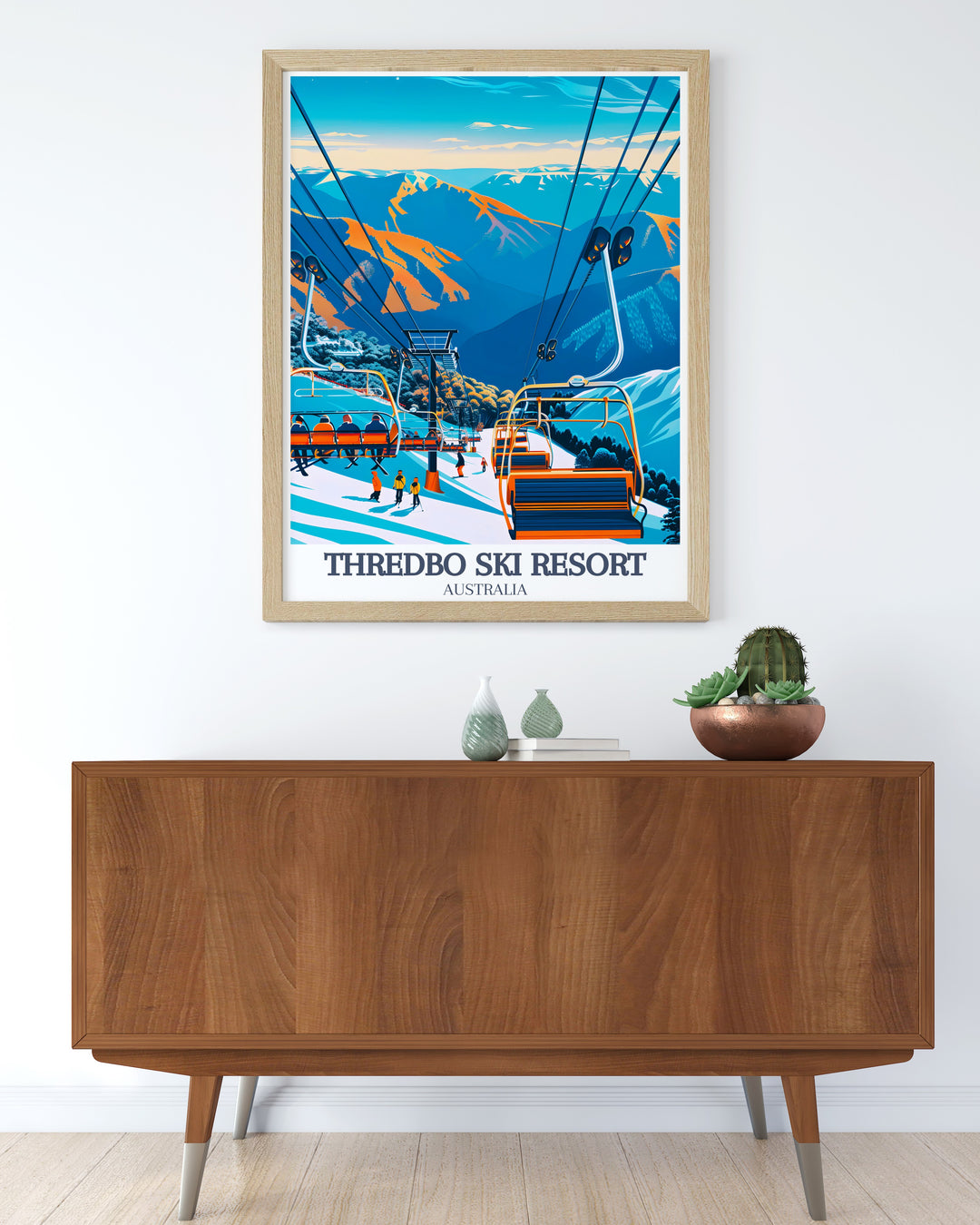 This Thredbo Ski Resort travel poster beautifully portrays the snowy peaks of the Snowy Mountains with the Kosciuszko Express Chairlift in full view. A vibrant addition to any room, this artwork brings the adventure of Thredbo Village into your home.