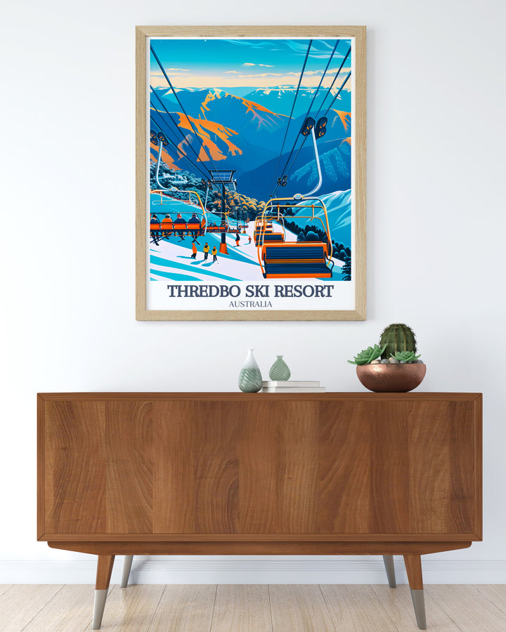 This Thredbo Ski Resort travel poster beautifully portrays the snowy peaks of the Snowy Mountains with the Kosciuszko Express Chairlift in full view. A vibrant addition to any room, this artwork brings the adventure of Thredbo Village into your home.