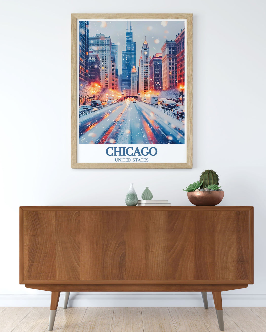 Capture the essence of Chicago with this stunning wall art print, featuring the Magnificent Miles luxurious shops and iconic buildings. Michigan Avenues charm is beautifully illustrated in this travel poster, ideal for enhancing any room with urban sophistication.