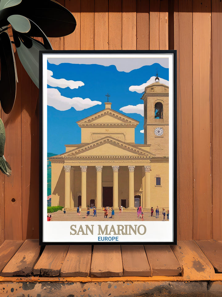 This San Marino travel print beautifully portrays the Basilica di San Marino, a historic European site known for its stunning neoclassical architecture. The poster is perfect for home decor, offering a unique combination of Italian influence and San Marinos rich cultural heritage.