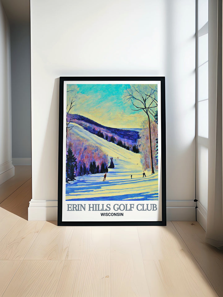 A detailed art print of Erin Hills Golf Club, highlighting its expansive fairways and strategic bunkers. The print captures the essence of this world renowned course, perfect for bringing the beauty and challenge of golf into your home, ideal for any golf enthusiast.