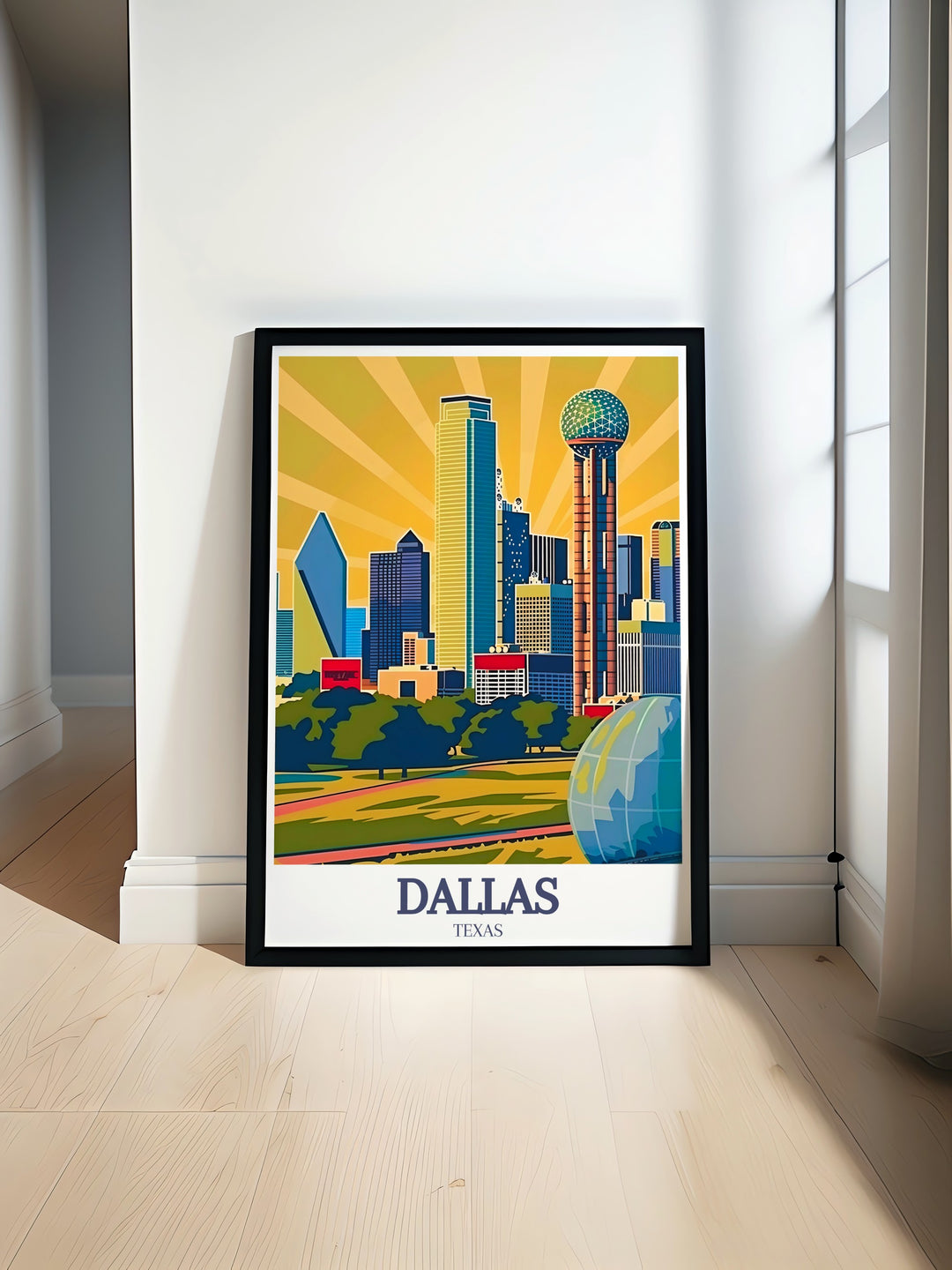 Dallas skyline art print featuring Reunion Tower and Ball in the Air Perfect for adding a touch of Texas to your home decor this stunning wall art brings the vibrant city of Dallas to life with its modern style and bold depiction of the iconic tower