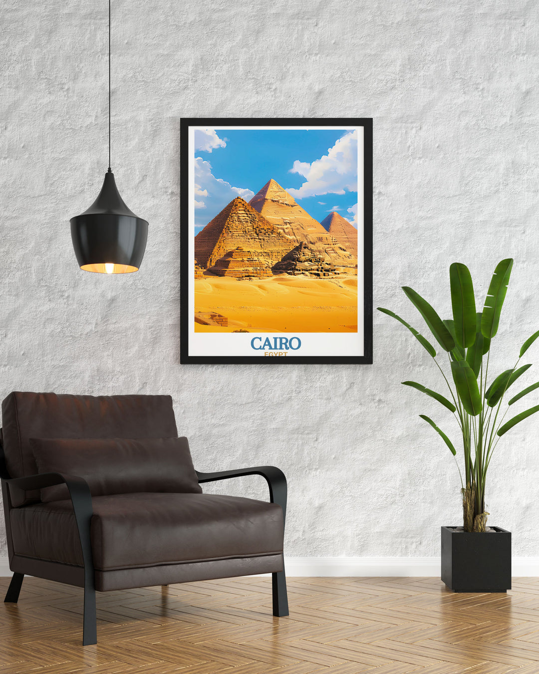 Enhance your home with this minimal travel art featuring The Pyramids of Giza against the Cairo skyline a perfect piece for those who appreciate unique and captivating cityscape photography and vintage style.
