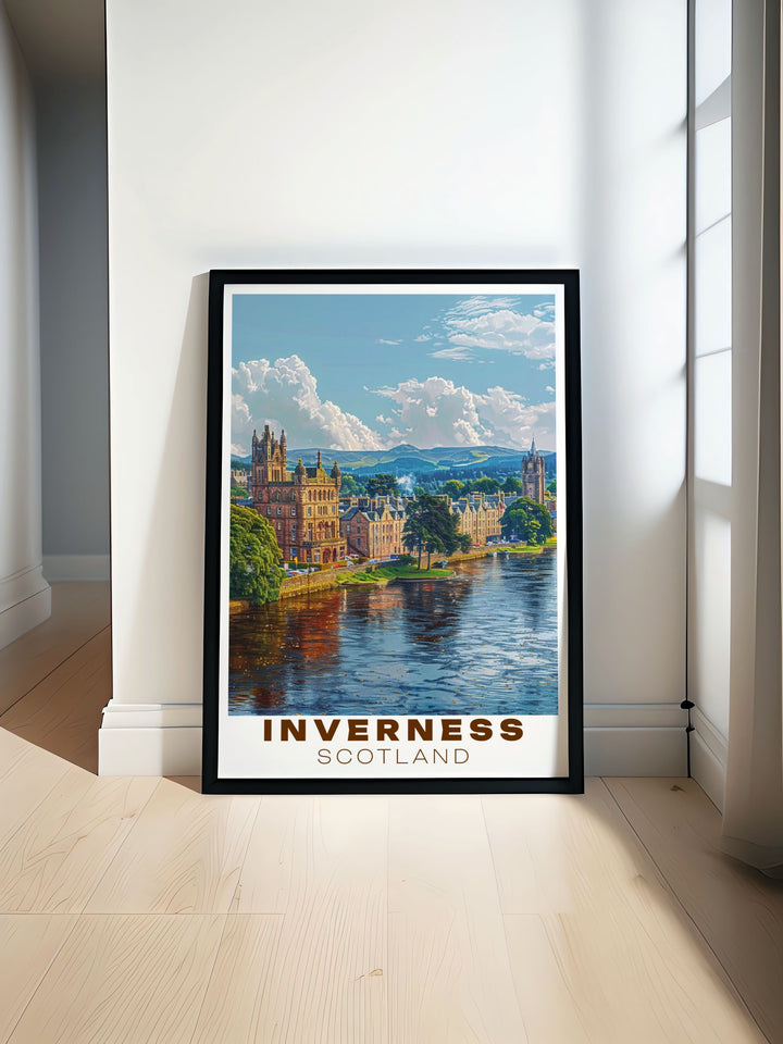 A travel poster of Inverness Castle, highlighting its red sandstone walls and stunning view over the River Ness, perfect for history enthusiasts.